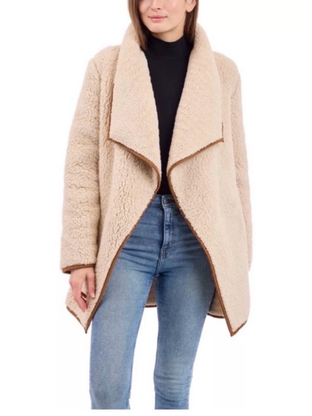 Lucky Brand Cream Faux Shearling Drape Jacket